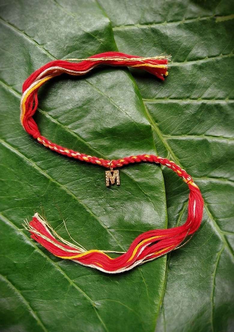 Men Gold Plated Red And Yellow M Alphabet Customized Thread Rakhi - Indya