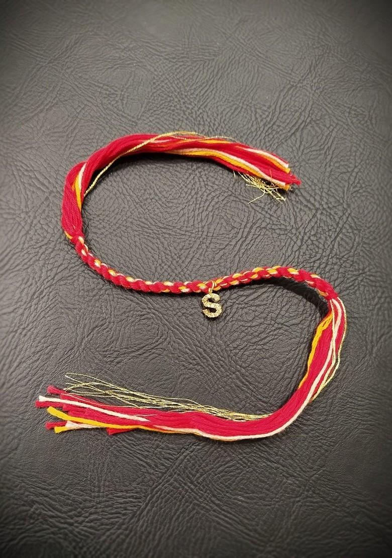 Men Gold Plated Red And White Ad Studded Letter S Rakhi - Indya