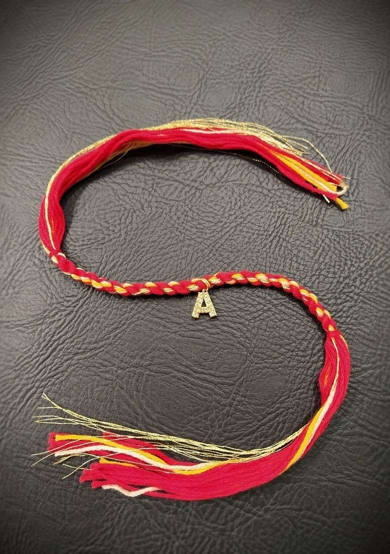 Men Gold Plated White And Red Ad Studded A Alphabet Customized Thread Rakhi - Indya
