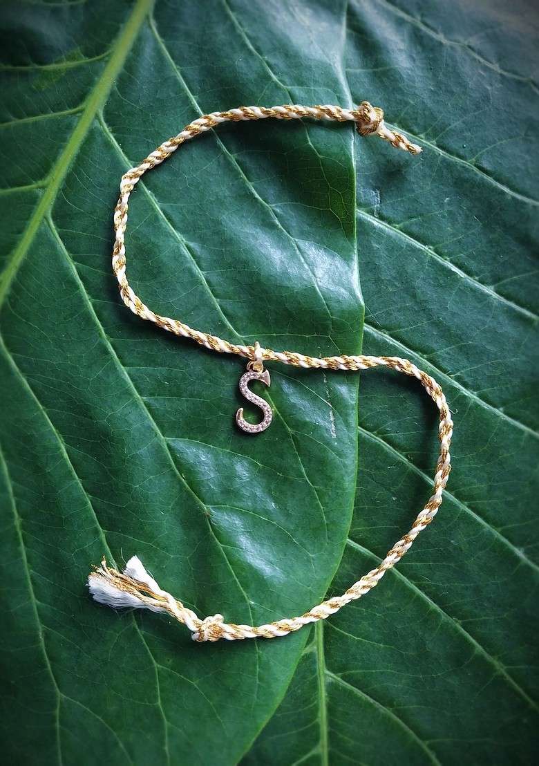 Men Gold Plated And White Ad Studded Letter S Customized Thread Rakhi - Indya