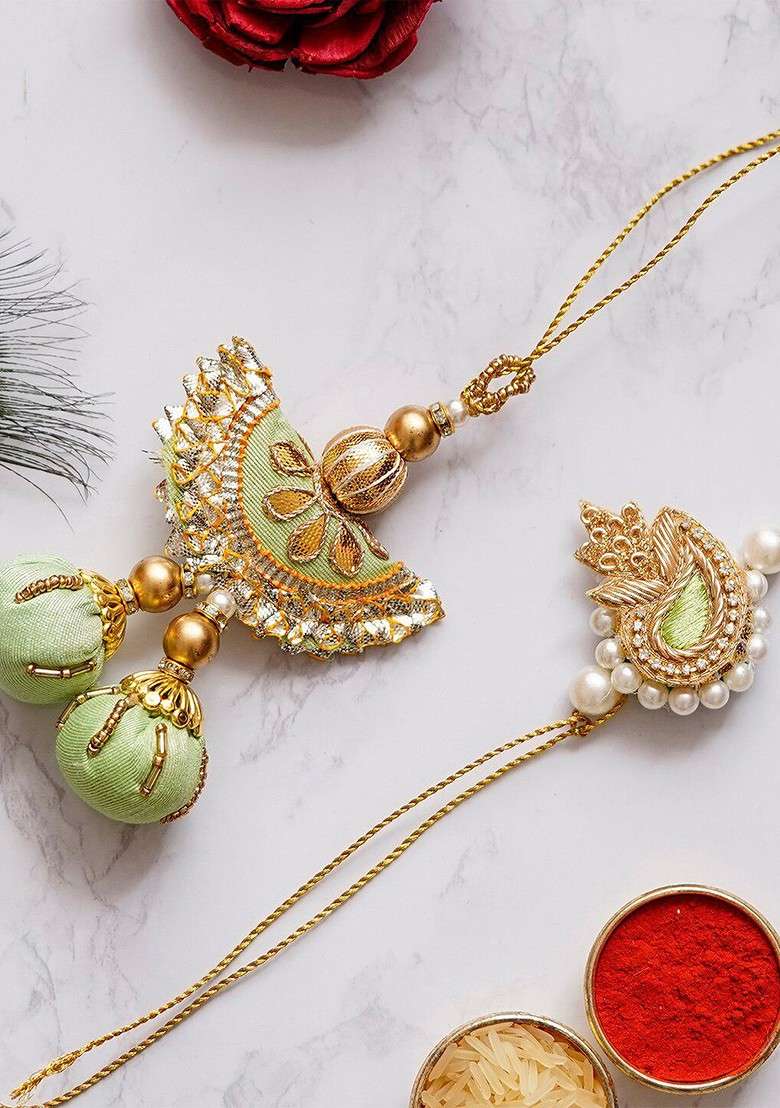Gold Toned And Green Rakhi Gift Set - Indya