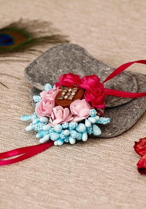 Pink And Blue Floral Greeting Card And Rakhi Set