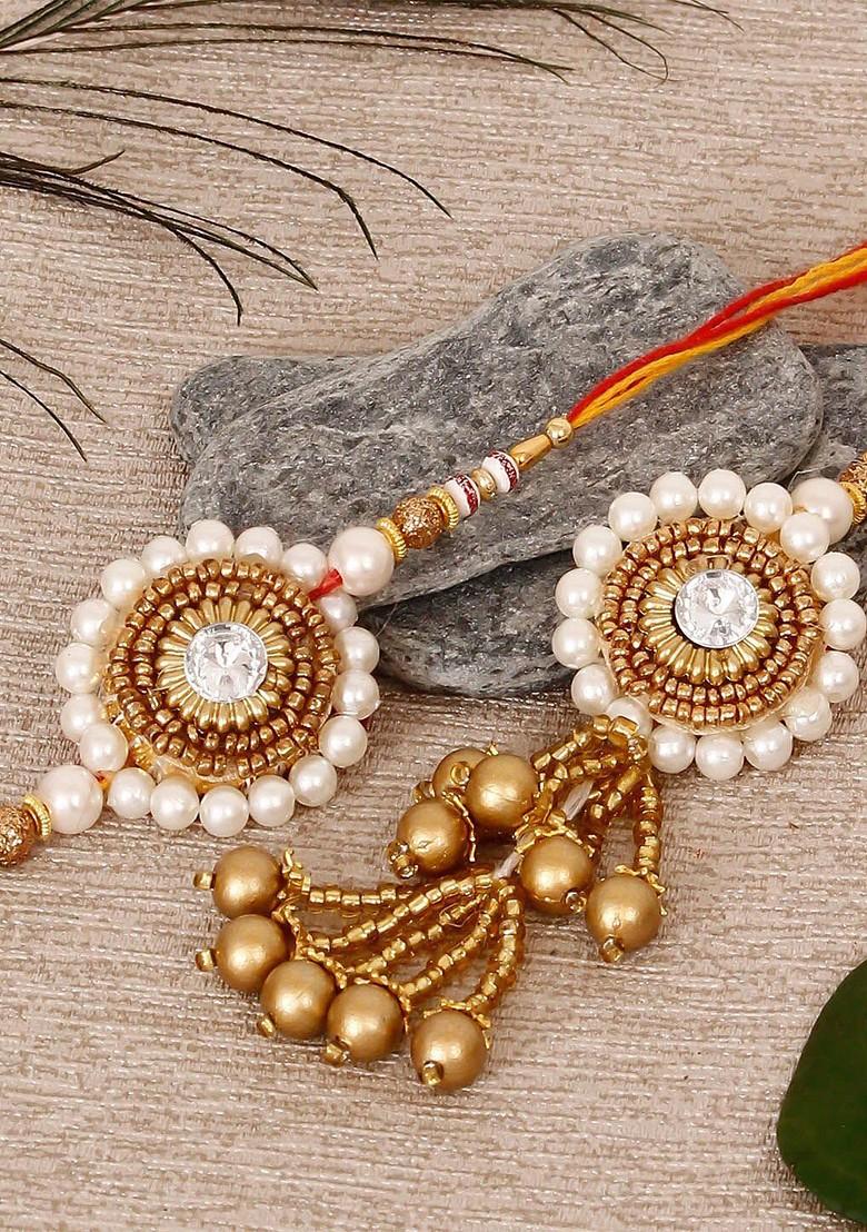 White And Gold Toned Designer Bhaiya Bhabhi Rakhi
