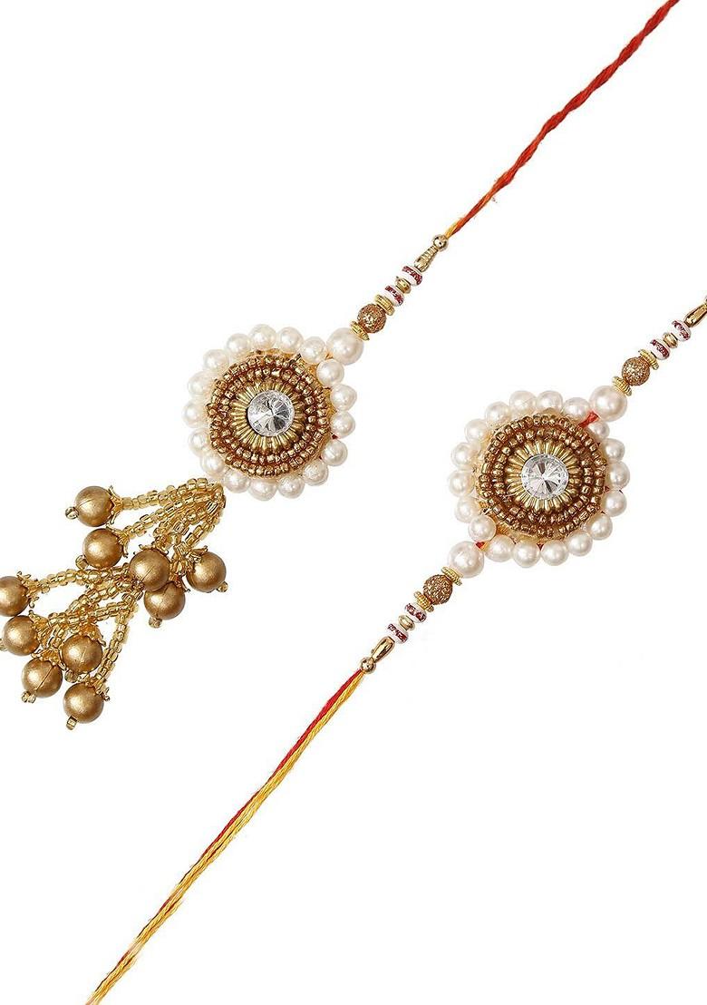 White And Gold Toned Designer Bhaiya Bhabhi Rakhi