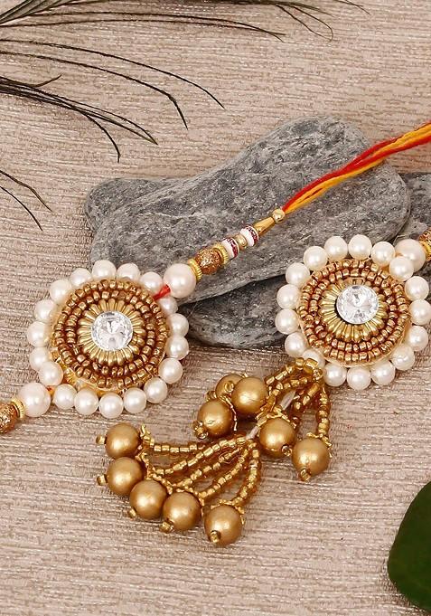 White And Gold Toned Designer Bhaiya Bhabhi Rakhi