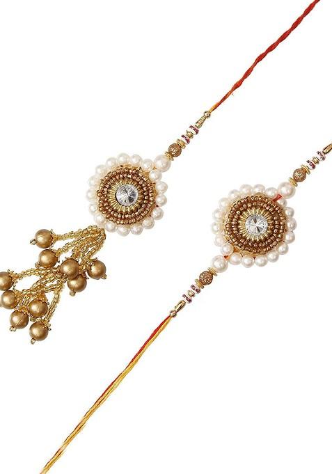 White And Gold Toned Designer Bhaiya Bhabhi Rakhi