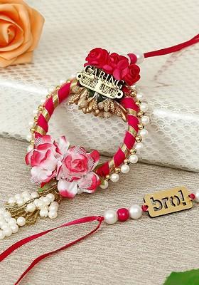 Gold Toned And Pink Rakhi Gift Set