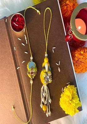 Set Of 2 Yellow Pearl Studded And Beaded Bhaiya Bhabhi Rakhis