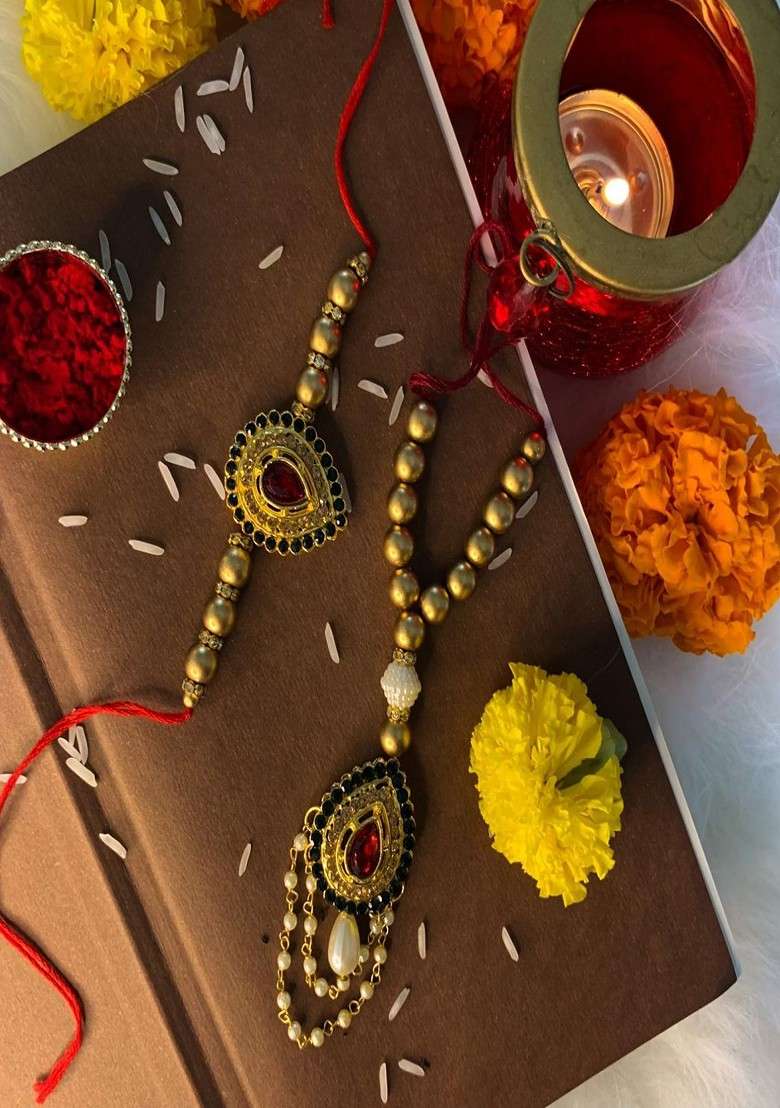 Set Of 2 Pearl Studded And Beaded Bhaiya Bhabhi Rakhis - Indya