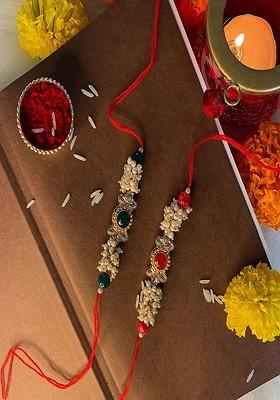 Men Gold Toned And Red Studded And Beaded Rakhi