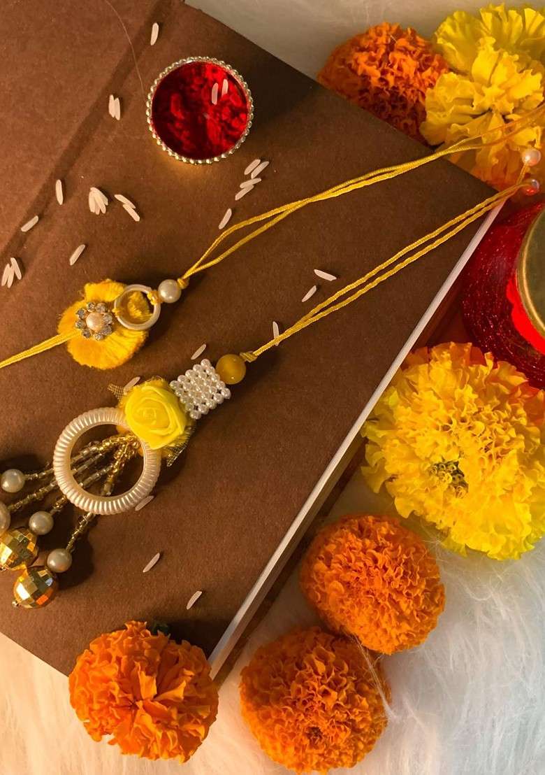 Set Of 2 Pearl Studded And Beaded Bhaiya Bhabhi Rakhis - Indya