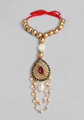 Gold Toned And White Embellished Pearl Beaded Rakhi