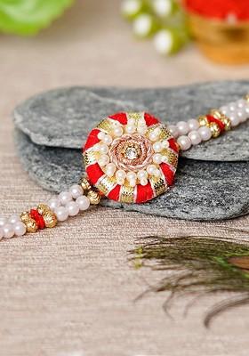 Gold Toned And White Rakhi Gift Set