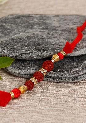 Red And Gold Toned Designer Rudraksh Rakhi