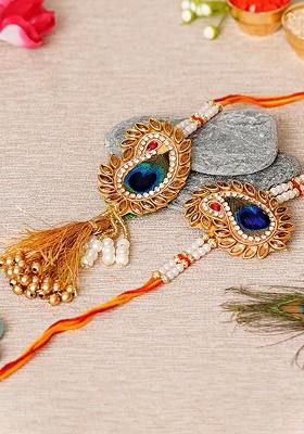 Gold Toned And Blue Rakhi Gift Set