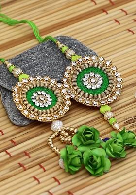 Gold Toned And Green Rakhi Gift Set