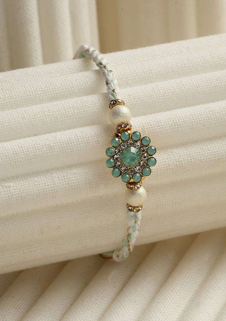 Gold Toned Stoned Studded Floral Rakhi - Indya