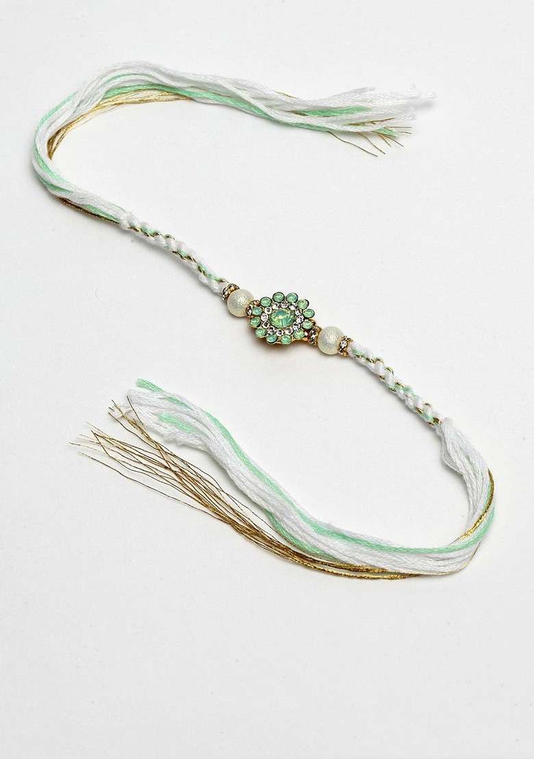 Gold Toned Stoned Studded Floral Rakhi - Indya
