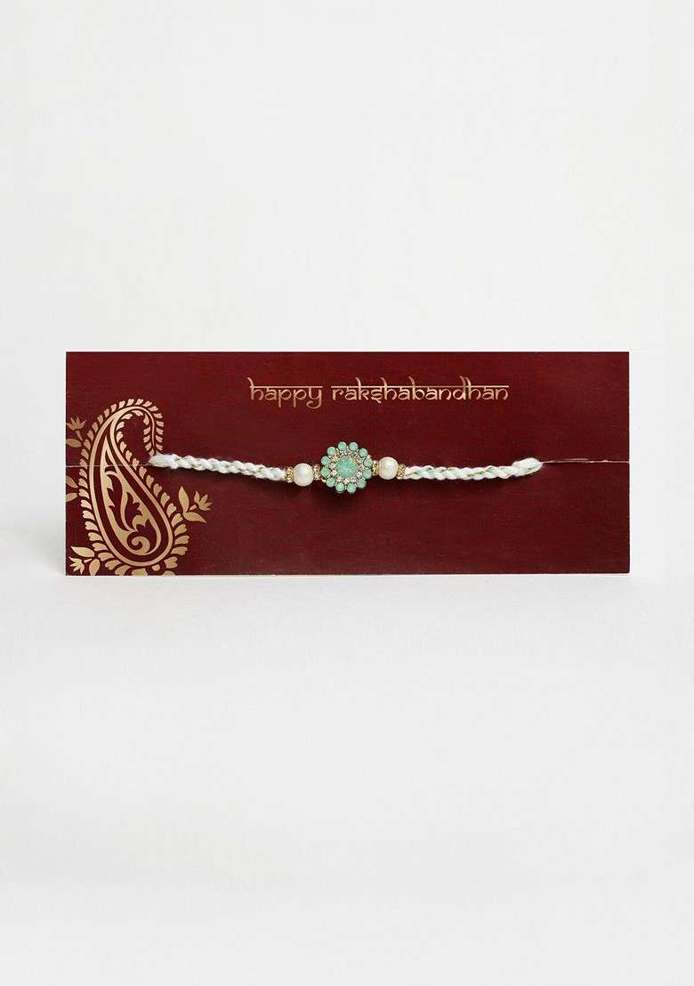 Gold Toned Stoned Studded Floral Rakhi - Indya