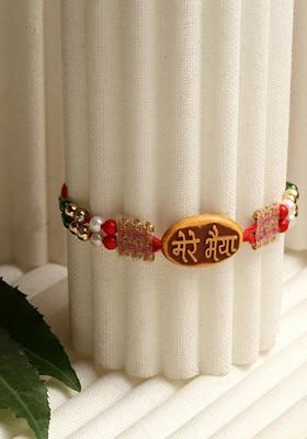 Gold Toned Red Stone Studded Beaded Rakhi