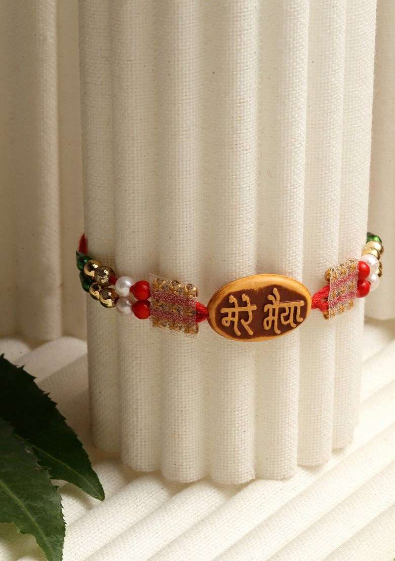 Gold Toned Red Stone Studded Beaded Rakhi - Indya
