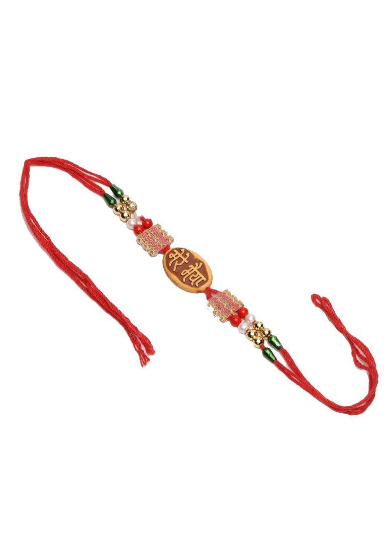 Gold Toned Red Stone Studded Beaded Rakhi - Indya