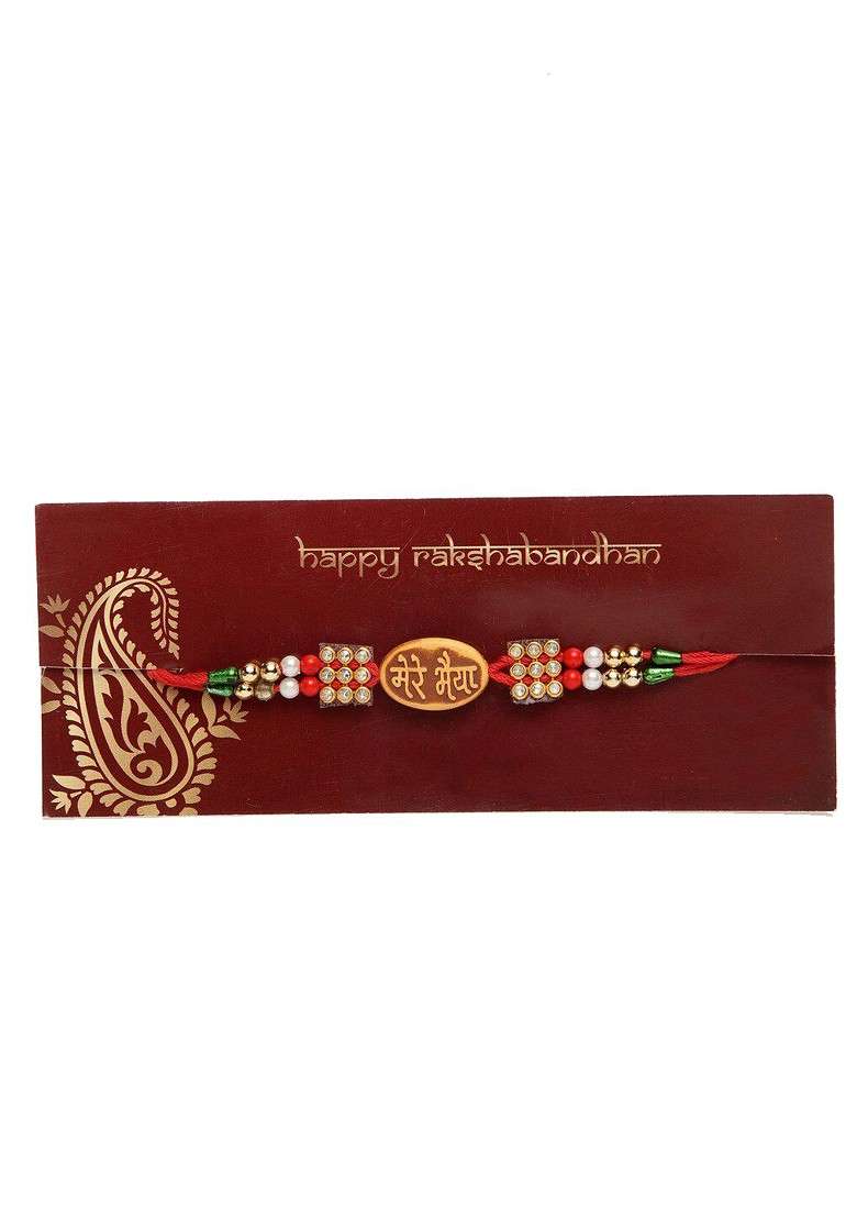 Gold Toned Red Stone Studded Beaded Rakhi - Indya