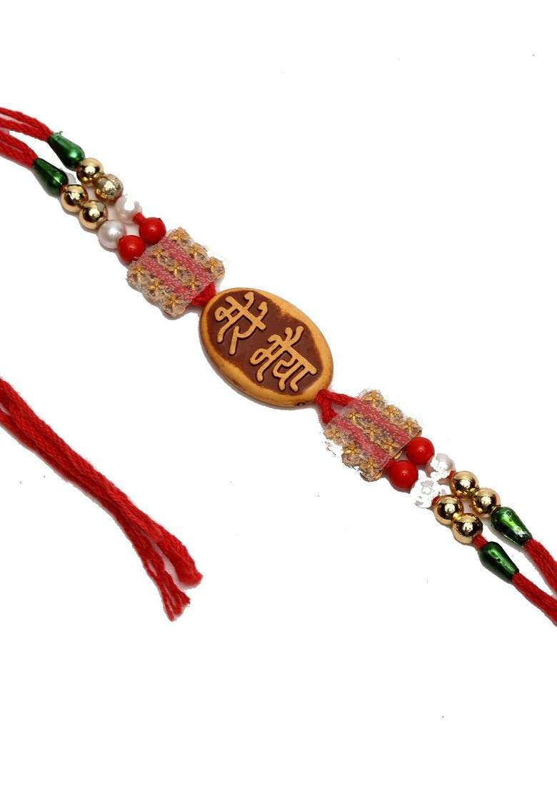 Gold Toned Red Stone Studded Beaded Rakhi - Indya