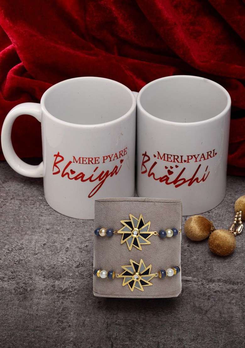Set Of 4 Gold Plated Lumba And Rakhi With Bhaiya Bhabhi Mugs - Indya