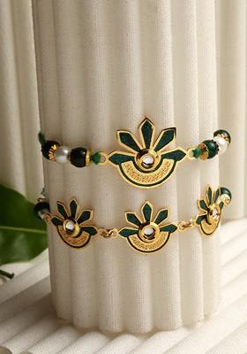Set Of 2 Gold Plated And Green Brass Handcrafted Lumba And Rakhi