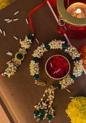 Set Of 2 Green And White Stone Studded And Beaded Bhaiya Bhabhi Rakhis