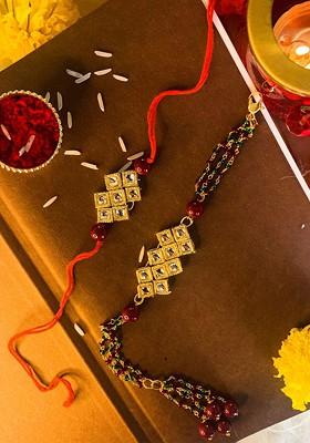 Set Of 2 Maroon And Green Stone Studded And Beaded Bhaiya Bhabhi Rakhis