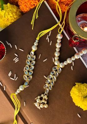 Set Oof 2 White And Gold Toned Stone Studded And Beaded Bhaiya Bhabhi Rakhis