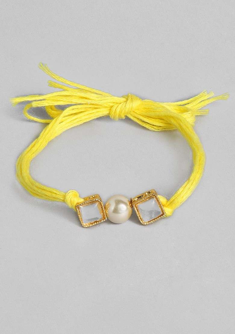 Set Of 2 White And Gold Toned Studded And Beaded Bhaiya Bhabhi Rakhis - Indya