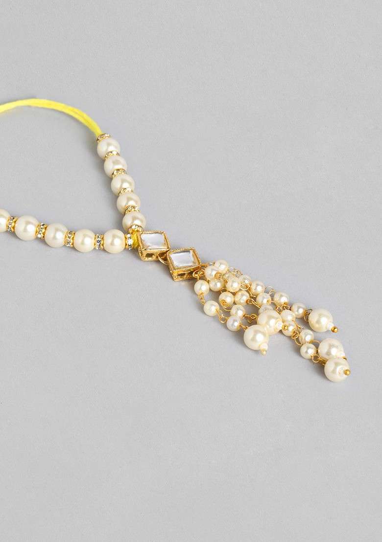 Set Of 2 White And Gold Toned Studded And Beaded Bhaiya Bhabhi Rakhis - Indya