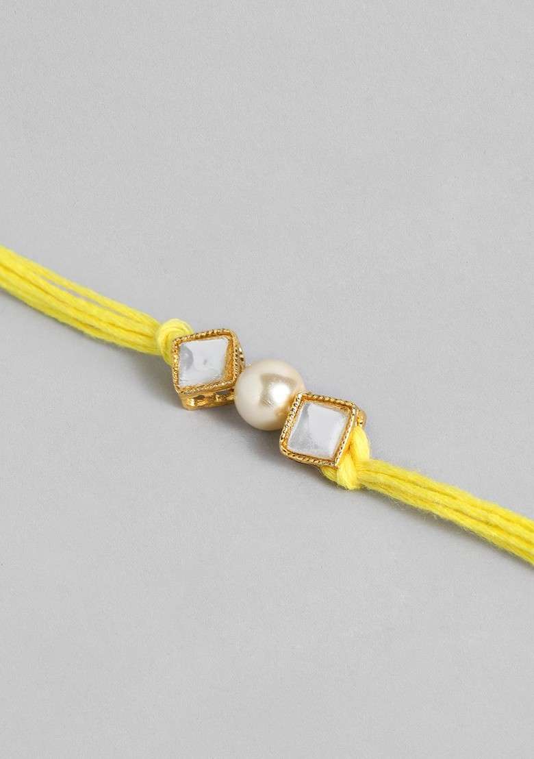 Set Of 2 White And Gold Toned Studded And Beaded Bhaiya Bhabhi Rakhis - Indya