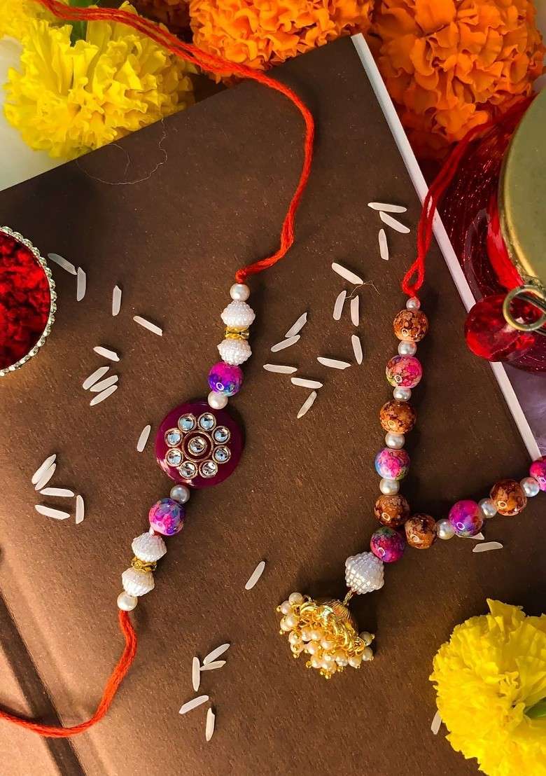 Set Of 2 Multicoloured Studded And Beaded Bhaiya Bhabhi Rakhis - Indya