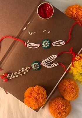 Set Of 2 Green And White Stone Studded And Beaded Bhaiya Bhabhi Rakhis