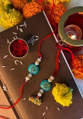 Set Of 2 Turquoise Blue And White Studded And Beaded Bhaiya Bhabhi Rakhis