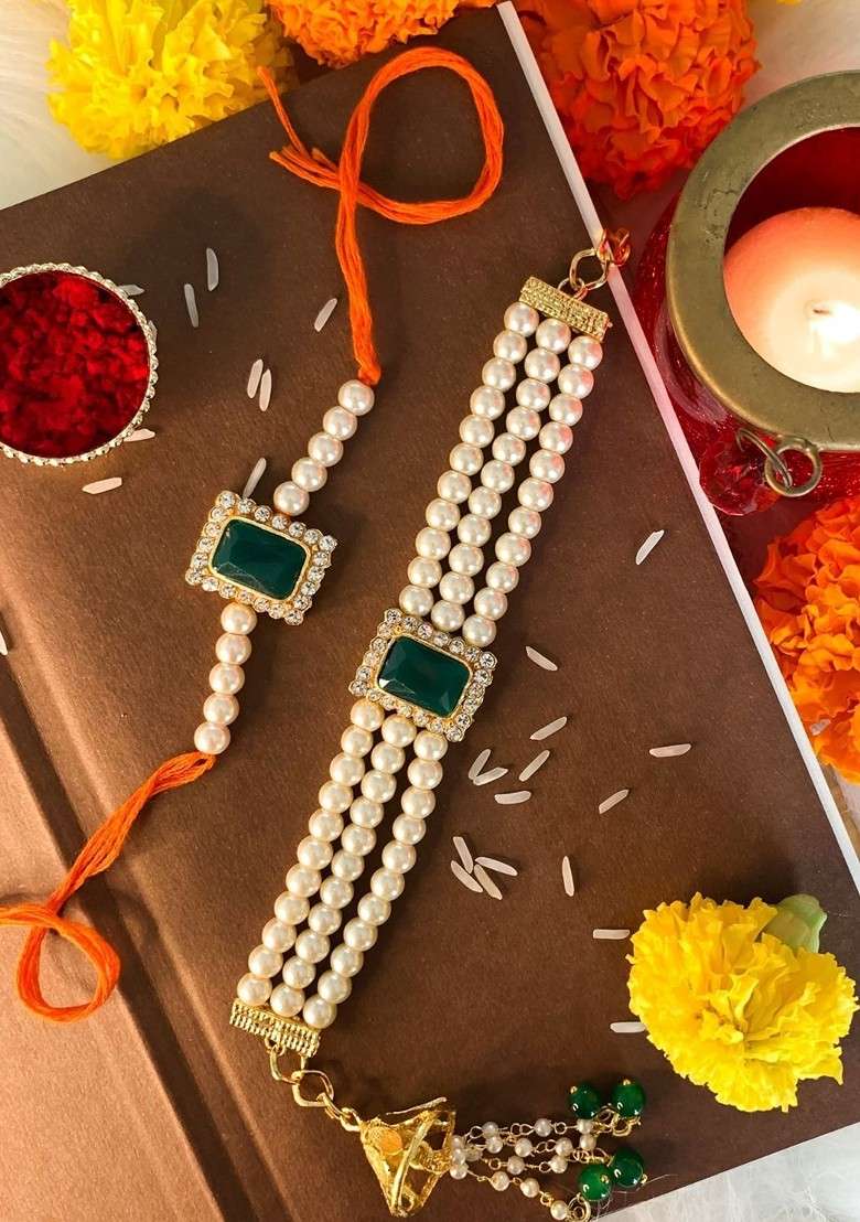 Set Of 2 Green And White Bhaiya Bhabhi Embellished Rakhi Gift Set - Indya