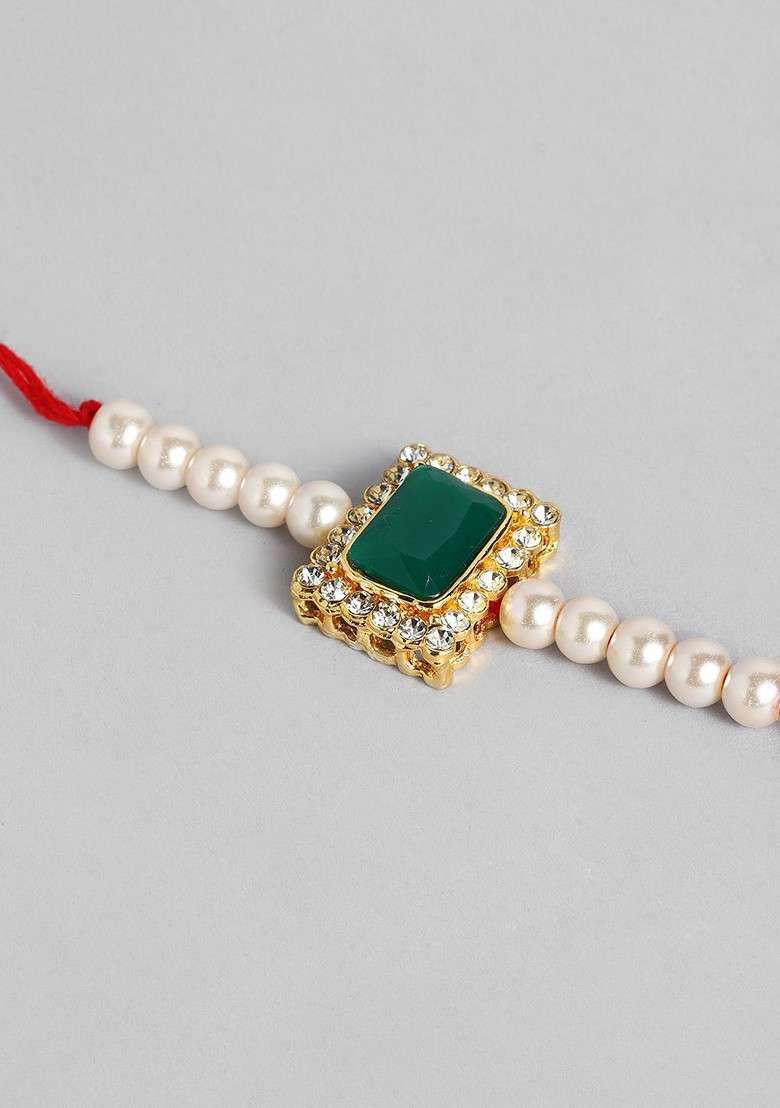 Set Of 2 Green And White Bhaiya Bhabhi Embellished Rakhi Gift Set - Indya