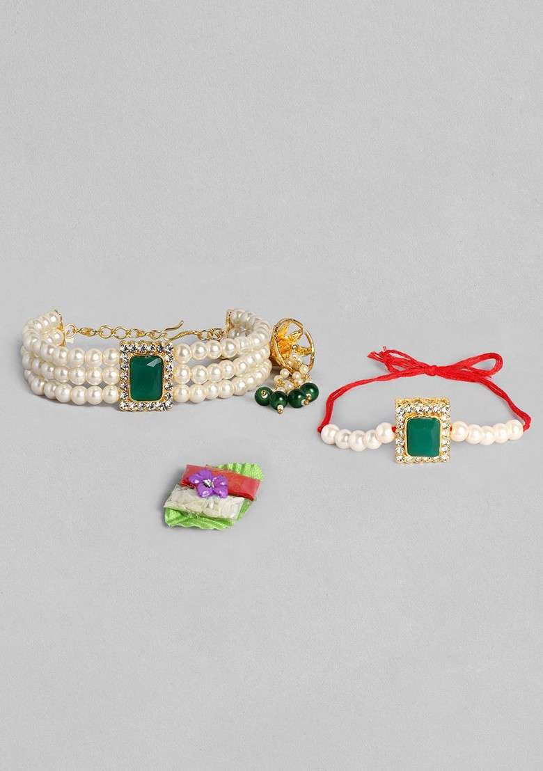Set Of 2 Green And White Bhaiya Bhabhi Embellished Rakhi Gift Set - Indya