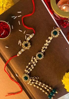 Set Of 2 Kundan Studded And Beaded Bhaiya Bhabhi Rakhis