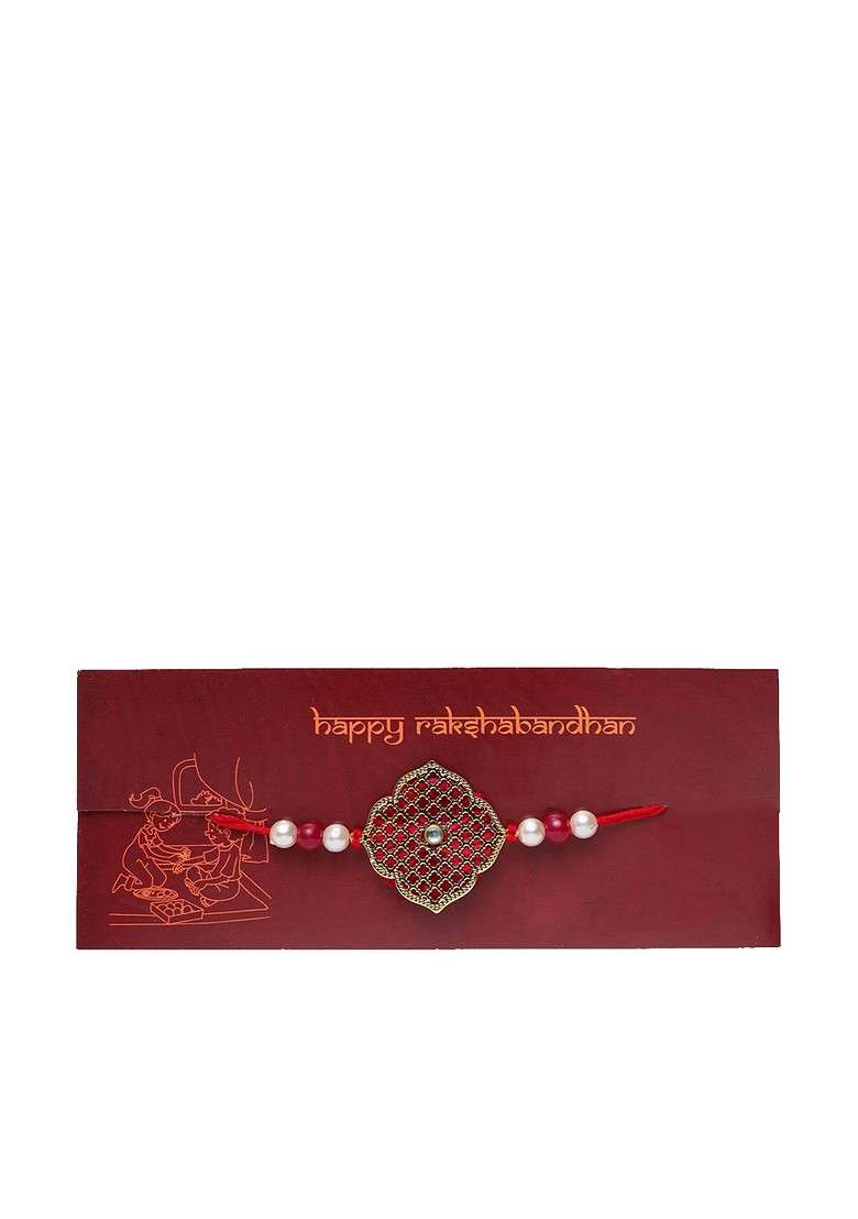 Men Gold Plated Handcrafted Rakhi With Mug And Roli Chawal - Indya