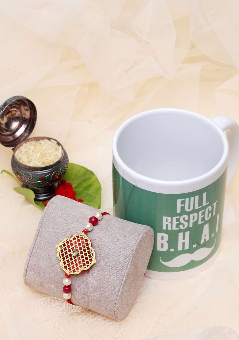 Men Gold Plated Handcrafted Rakhi With Mug And Roli Chawal - Indya