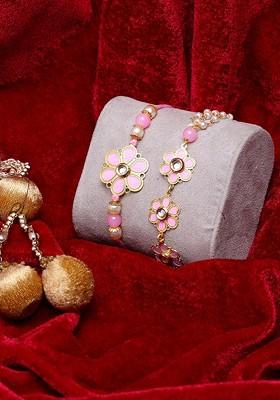 Men Pink Gold Plated Handcrafted Floral Rakhi Lumba Bracelet