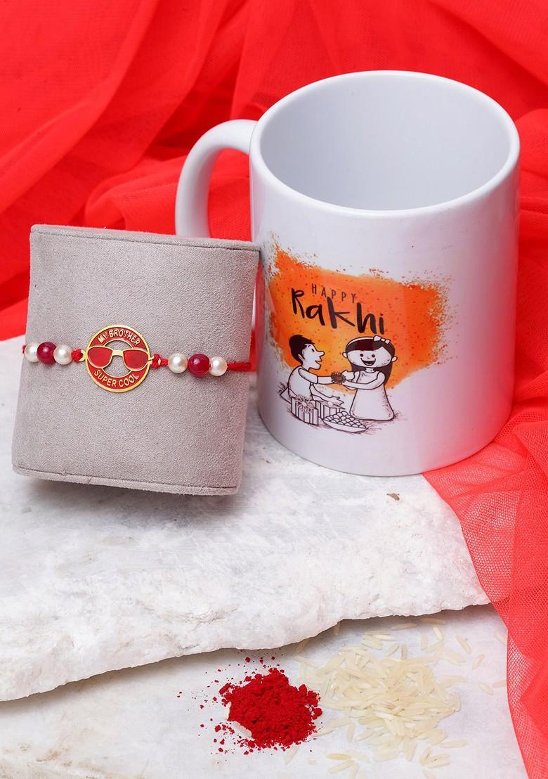 Gold Plated Red Brass Handcrafted Rakhi And Mug - Indya