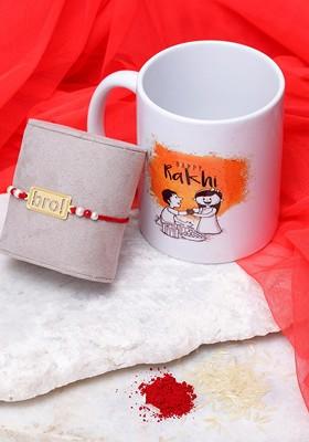 Men Gold Toned And Red Bro Charm Rakhi With Mug