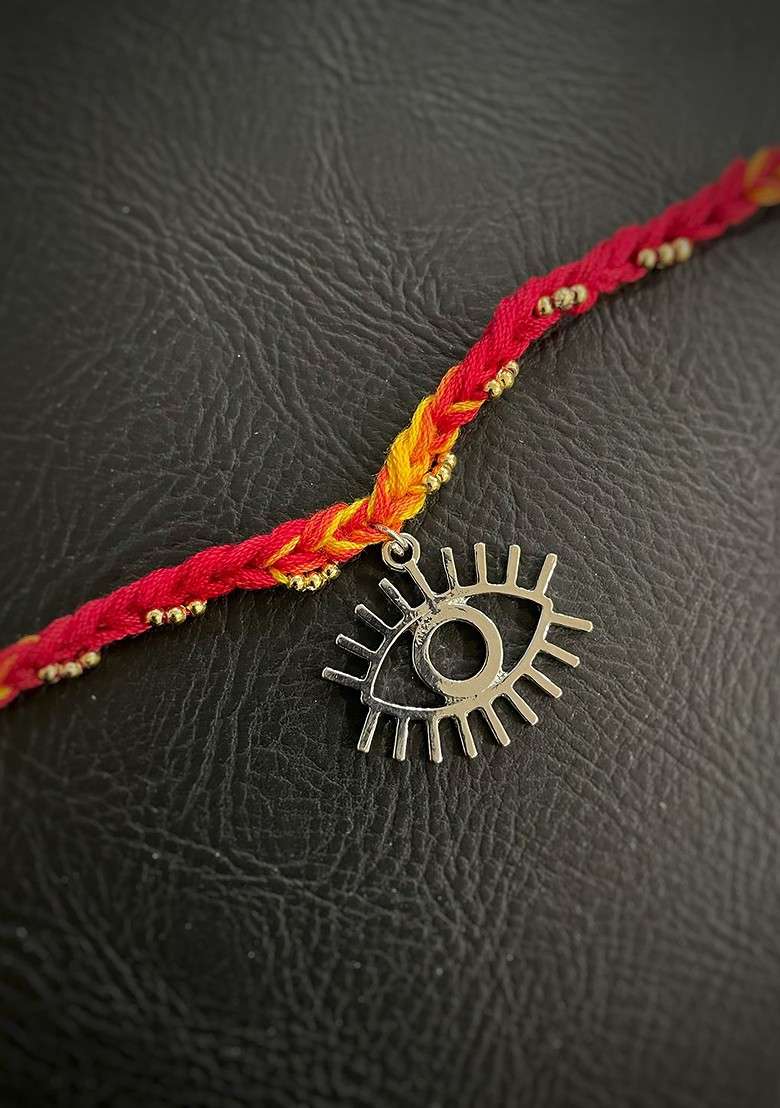 Red And Silver Toned Pendant Evil Eye Rakhi - Indya