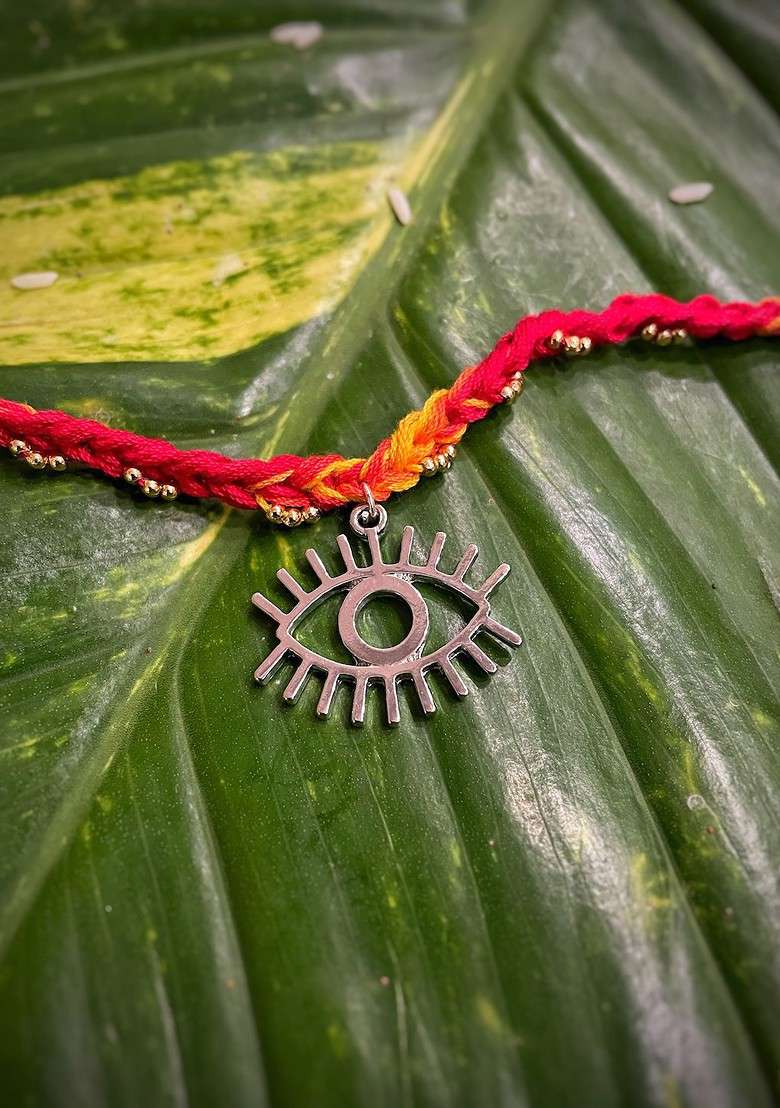 Red And Silver Toned Pendant Evil Eye Rakhi - Indya